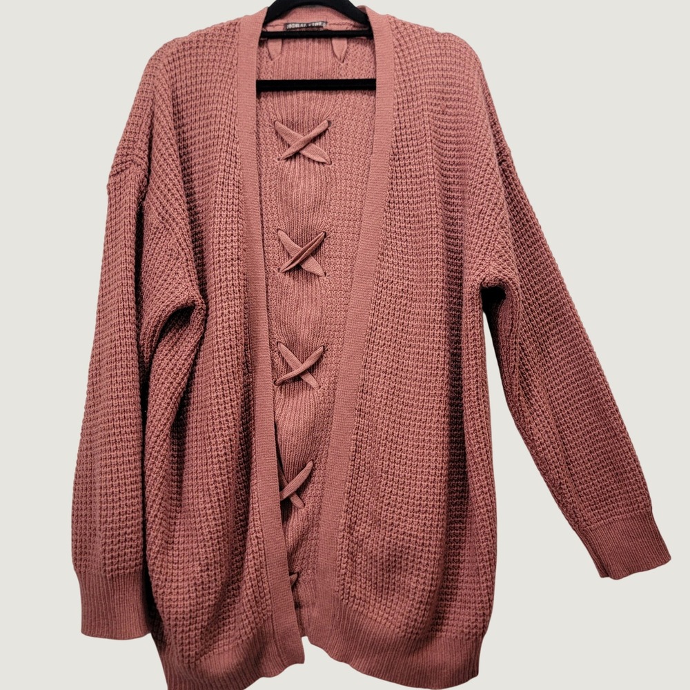 Moral Fiber Open Cardigan Women XL Mauve Lace Up Back Detail Waffle Knit Sweater